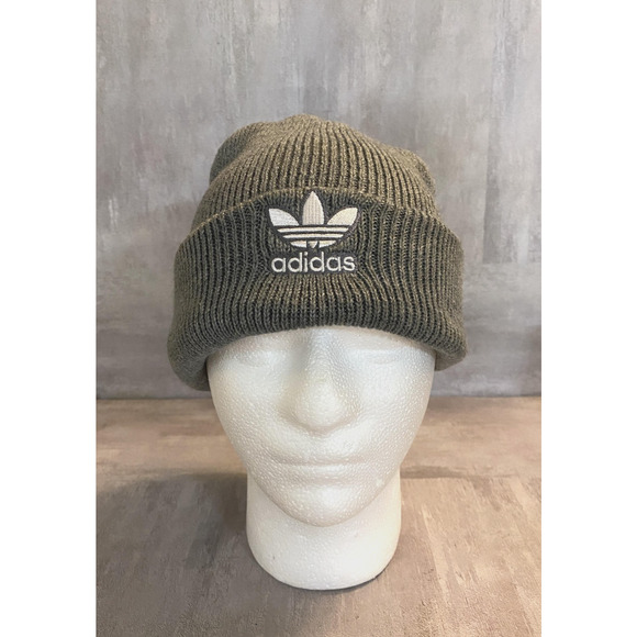 Adidas Hat Cap Beanie Knit Grey White Trefoil Embroidered Mens Acrylic Winter - Picture 1 of 9